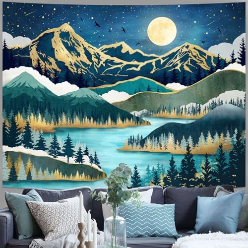Neasow Mountain Moon Tapestry, Nature Forest Tree Lake Landscape Tapestries Star Starry Night Teal Blue Wall Decor for Home Bedroom 60×80 inch