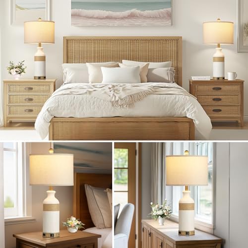 Cinkeda Boho Rattan Table Lamps for Bedroom Nightstand 26" Farmhouse Bedside lamp Set of 2 with USB C+A Ports & AC Outlet,3-Way Dimmable Touch Control Vintage Lamps for Living Room(Include Bulbs)