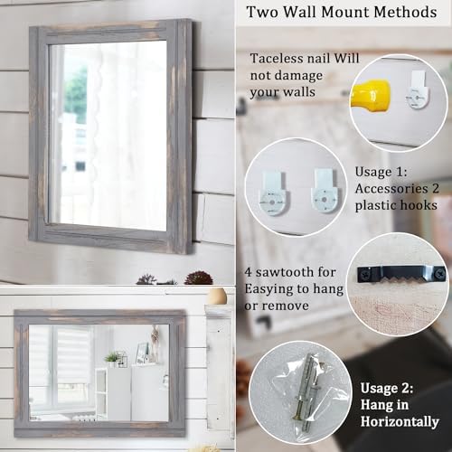 AAZZKANG Wood Framed Mirror Rectangular Rustic Wall Mirrors Decorative Large 26"x18" for Farmhouse Bathroom Living Room Bedroom Grey