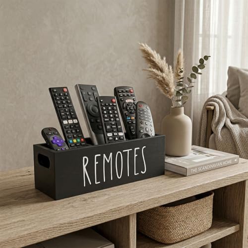 Remote Control Holder, Farmhouse Remote Storage Caddy, Bedside TV Controller Box, Rustic Wood Media Organizer Tray for Home Bedroom Table (Black)