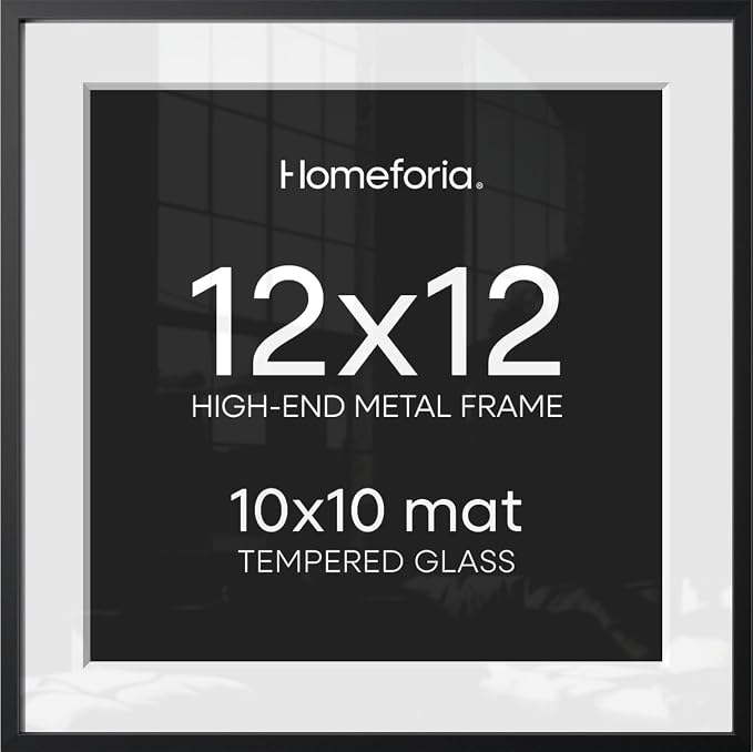 Homeforia 12x12 Black Picture Frame, High-End Metal, 10x10 Mat, Glass