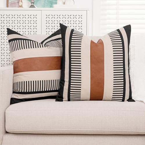Farmhouse Stripe Pillow Cover 22x22 Boho Accent Cushion Case Faux Leather Decorative Pillowcase,Black and Beige (Cover ONLY, Pack of 2)