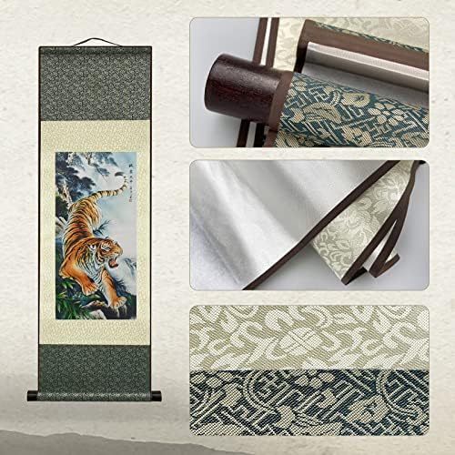 AtfArt Asian Wall Decor - Beautiful Silk Painting Animal - Tiger King Deterrence - Oriental Decor Chinese Art Wall Scroll (36.2 x 12 in)