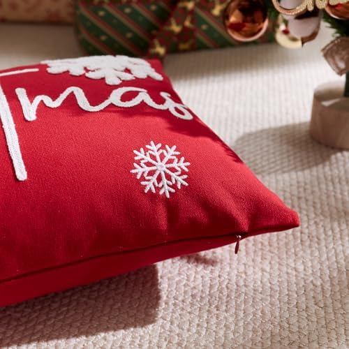 Merry Christmas Pillow Covers 12x20 Inch Embroidery Snowflake Xmas Decorative Lumbar Throw Pillow Cover Winter Holiday Pillow Case Cushion Cases for Sofa Couch Living Room Decorations Red