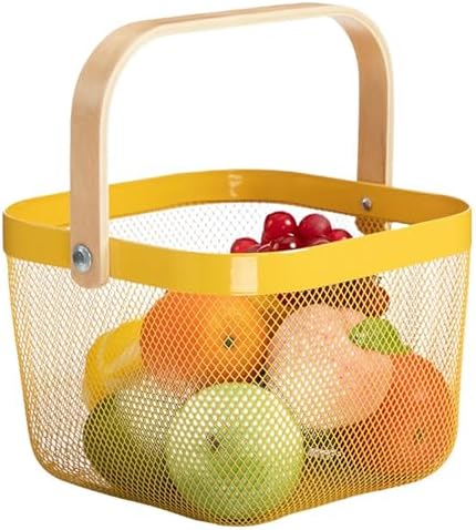 AJIODA Metal Mesh Steel Basket, Storage Organizer Basket Multi-functional Hanging Kitchen Baskets Fruit Baskets with Wooden Handle for Kitchen Bathroom Picnic Shopping Decor Cabinet Home, Yellow