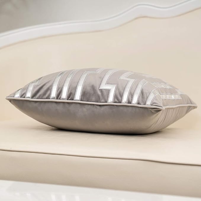 Alerfa Gold Leather Striped Gray Throw Pillow Cover 20x20 Inch, Geometric Luxury Decorative Embroidered Velvet Pillow Cover for Couch Living Room Bedroom