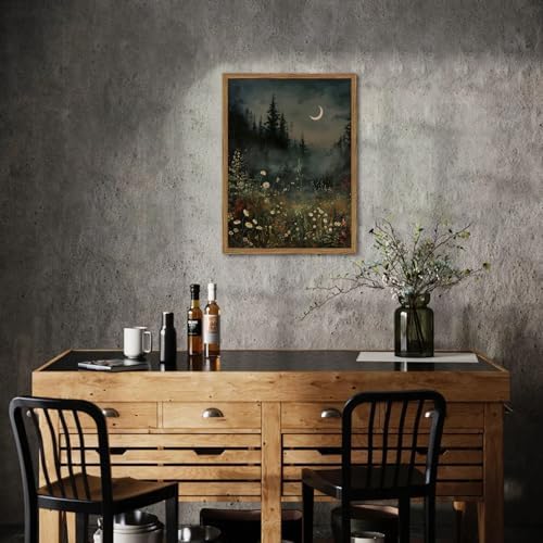 Vintage Moonlit Forest Wall Art Crescent Moon Forest Wildflower Gothic Canvas Prints Landscape Aesthetic Pictures Wall Decor for Living Room Bedroom Offices 16x24 inch Framed