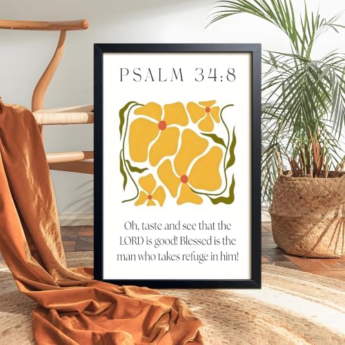 Framed Psalm 34:8 Bible Verse Wall Art, Christian Floral Canvas Wall Decor Painting, Boho Floral Religious Inspirational Scripture Print Poster Picture for Living Room Bedroom Prayer Room Home Decor 16x24 Inch