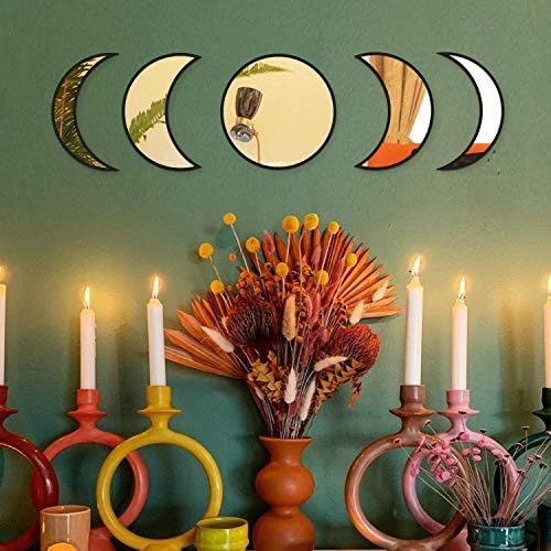 MAXROCK Scandinavian Natural Decor Acrylic Moonphase Mirrors, Moon Phase Mirror Set, Bohemian Wall Decoration for Living Room Bedroom（Not Actual Mirror)