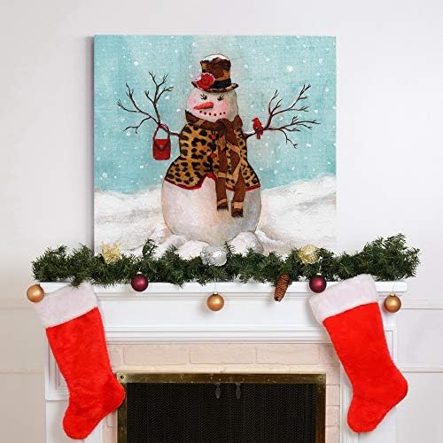 Renditions Gallery Canvas Wall Art Paintings & Prints Snowwoman with Hat & Cardinal in Winter Snow Abstract Hanging Artwork for Bedroom Home Kitchen Wall Decorations - 40"X40" LT05