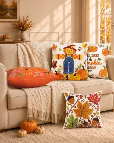 Fall Embroidered Throw Pillow Cover 18x18 Inch, Pumpkin Floral