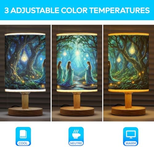 Elves in an Enchanting Table Lamp LED 3-Color Pressed Bedside, Elves in an Enchanting Shade Lamp with Wood Base for Bedroom Living Room Desk Office TL01
