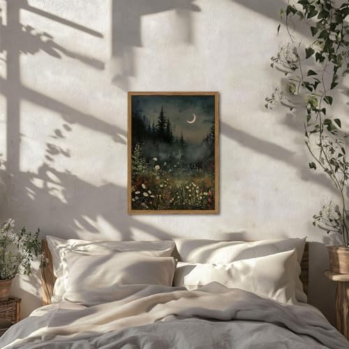 Vintage Moonlit Forest Wall Art Crescent Moon Forest Wildflower Gothic Canvas Prints Landscape Aesthetic Pictures Wall Decor for Living Room Bedroom Offices 16x24 inch Framed