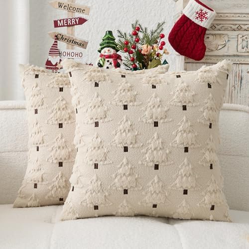 Kevin Textile Christmas Tree Pillow Covers 16x16 Inch Set of 2 Soft Plush Faux Fur with White Snow Embroidery Decoration Pillowcases for Couch Sofa Holiday Festivals Winter Xmas Gift, Beige