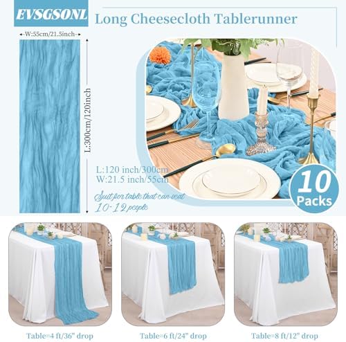 10 Pack Light Blue Cheesecloth Table Runner Long,21.5 x 120 Inch