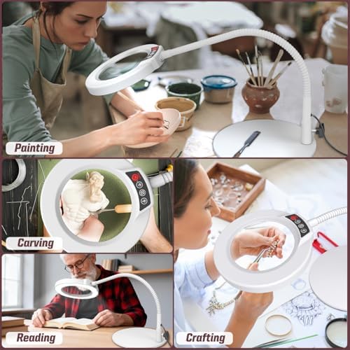 10X Magnifying Glass with Light and Stand, 16.5in Flexible Goose-Neck, 5 Color Modes Stepless Dimmable LED Lighted Desk Lamp, Hands Free Magnifier for Crafting Hobby Painting Close Work - White