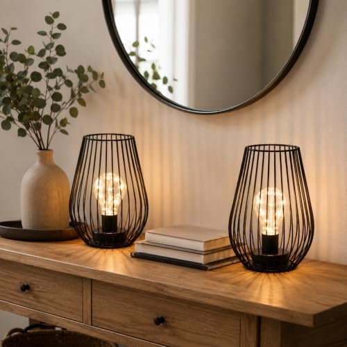 TRIROCKS Metal Cordless Table Lamp - 8'' Tall Set of 2 Cage Shape Battery Operated Lamp with Fairy Lights Bulb for Indoor/Outdoor Use Perfect for Christmas Garden and Weddings (Black,Set of 2)
