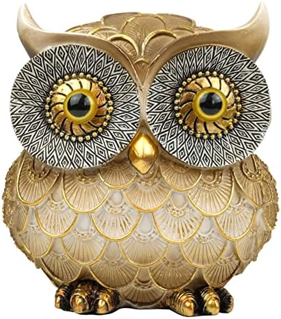 Garwor Retro Owl Statue for Home Decor, 6" Vintage Gold Resin Owl Figurine with Artistic Raised Feathers, Cute Bird Sculpture for Bookshelf Mantle Tabletop Decoration, Gift for Owl Lovers