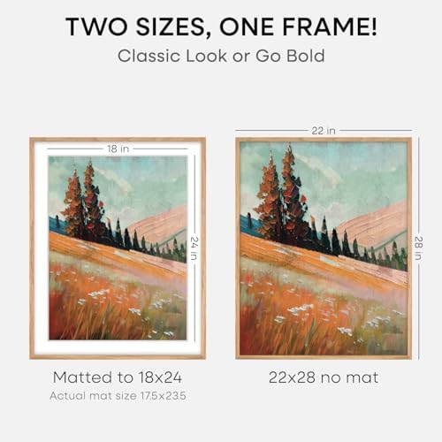 Homeforia 22x28 Natural Oak Poster Frame, High-End Wood, 18x24 Mat, Glass