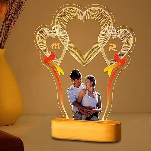 FolHaoth Personalized Photo Acrylic Love Sign Plaque Gifts for Couples Girlfriend Boyfriend Wife Husband Customizable LED Night Light Wooden Base Lamps Desk Bedroom Decor Signs