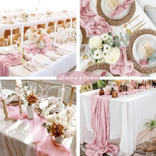 Light Pink 12 Pcs Cheesecloth Table Runner 10FT Runner for Tables Gauze Fabric 35 x 120 Inches Long Boho Table Runner Decoration Rustic Sheer Runner for Wedding Birthday Baby Shower Party (Light Pink)