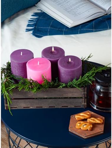 CANDWAX 3x3 Inch Advent Pillar Candles Set of 4 - Long Burning Dripless Unscented Pillar Candles - Rustic Style for Advent Wreaths, Christmas Décor - 3 Purple and 1 Pink Pillars