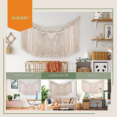 Livalaya Macrame Banner Wall Hanging Garland Beige 39”L x 19”W Modern Farmhouse Bohemian Woven Hanging Wall Decor for Bedroom Tapestry for Living Room, Dorm, Nursery, Boho Wedding Party Decorations