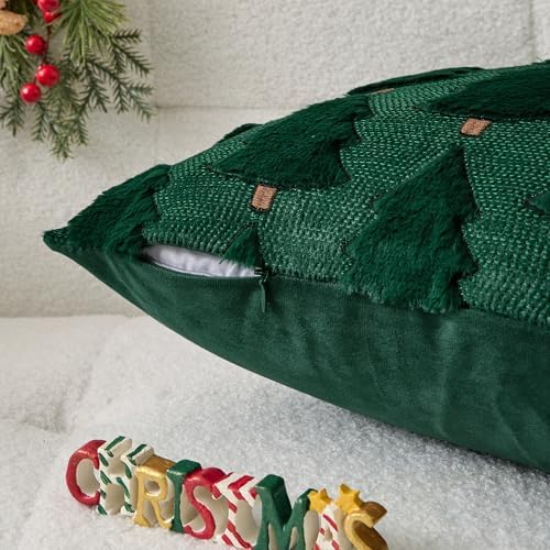 Kevin Textile Christmas Tree Pillow Covers 20x20 Inch Set of 2 Luxury Embroidery Soft Plush Faux Fur Decoration Pillowcases for Couch Sofa Holiday Festivals Winter Xmas Gift, Dark Green