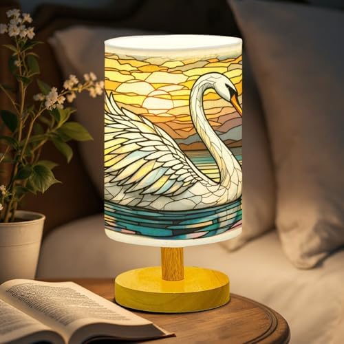 Swan Table Lamp LED 3-Color Pressed Bedside, Swan Shade Lamp with Wood Base for Bedroom Living Room Desk Office TL01
