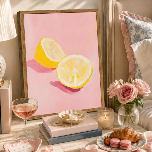 Framed Pink Kitchen Wall Art, Lemon Pictures Wall Decor, Minimalist Dopamine Fruit Paintings Canvas Prints Trendy Preppy Home Decor for Kitchen Dining Room Living Room Dorm 12x16 inch