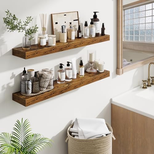 Fun Memories Floating Shelves for Room Wall, 36 Inch Long Shelf Set of 2， Hanging Wood Shelves for Storage & Display, Rustic Brown