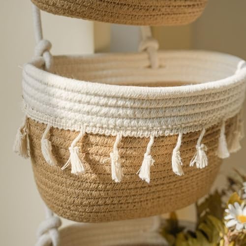 TeoKJ 3-Tier Cotton Rope Baskets with Tassels Over the Door Wall Hanging Baskets for Nursery, Living Room, Bathroom, Door Storage Organizer for Decoration Jute&White