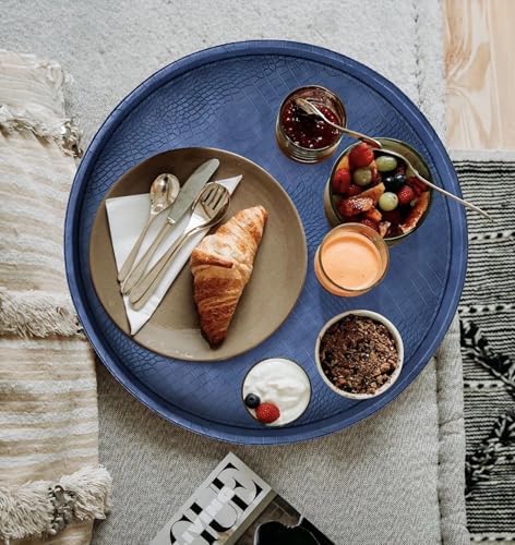 HofferRuffer Round Serving Tray 20'', Elegant Faux Leather Circle Ottoman Table Tray, Serve Tea Coffee Breakfast in Bedroom Living Room Kitchen (Blue, 20")