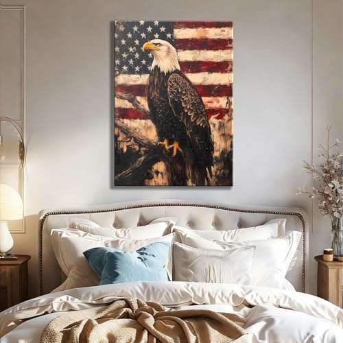 RIBNTAK Vintage Patriotic Bald Eagle for Independence Day Wall Art Decorations, 16x24 In, Aesthetic Posters for memorial day Canvas Print Decor, Rustic Artwork for Living Room, Bedroom, Office