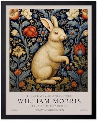 Poster Master White Rabbit Print - William Morris Poster - Flower & Animal Art - Botanical Exhibition Design - Floral Bunny Illustration - Great Office or Bedroom Decor - 8x10 Black Framed