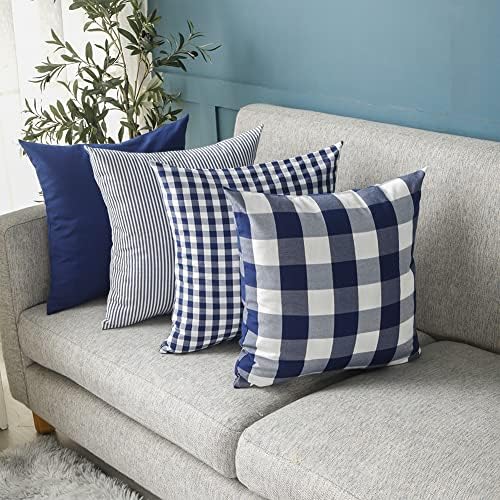 Nautical Navy Blue Buffalo Check Plaid Throw Pillow Covers 18x18 Set of 4
