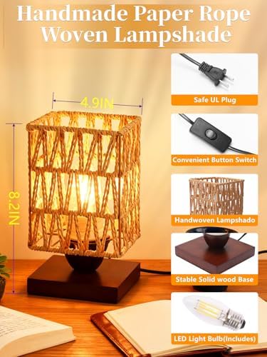 Boho Rattan Lamp for Bedroom,Small LED Bamboo Woven Lamps for Living Room