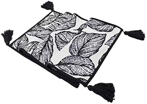 Fennco Styles Black and White Leaf Woven Table Runner - 14 x 71 Inch Reversible Runner Table Centerpiece for Dining Home Decor, Indoor Parties, Holiday Events Tassel Table Runner