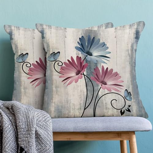 Blue Pink Floral Pillow Covers 18 x 18 Inch Set of 2 Daisy Floral Butterfly Decorative Throw Pillow Covers Linen Rustic Farmhouse Cushion Cases for Home Sofa Couch Living Room Decor