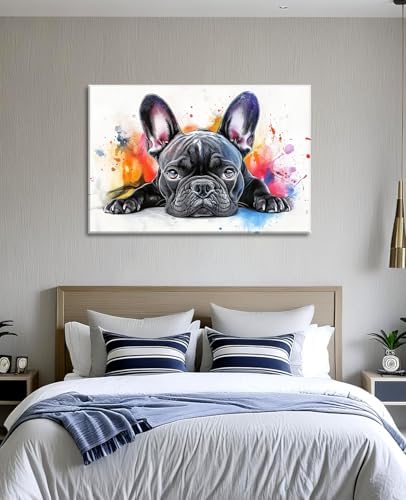 Large French Bulldog Canvas Art Wall Decor Framed Watercolor Bulldog Picture Pet Dog Painting Modern Graffiti Artwork for Living Room Home Office Bathroom Ready to Hang - 28.00"x42.00"