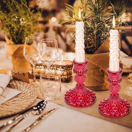 Glass Candle Holder, 2PCS Decorative Candle Sticks Pillar Candle Stand for Formal Events Wedding Party Table Centerpieces Home Decoration, Red