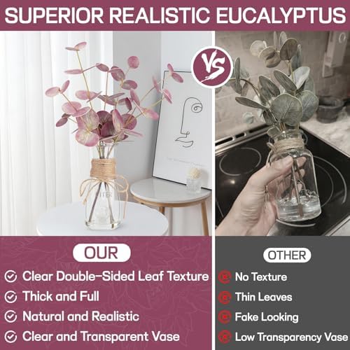 Artificial Eucalyptus Stems in Glass Vase with Faux Water, 15" Realistic Fake Plants for Bathroom Counter Decor, Small Faux Greenery for Coffee Table Centerpieces, Office Desk and Shelf Decor