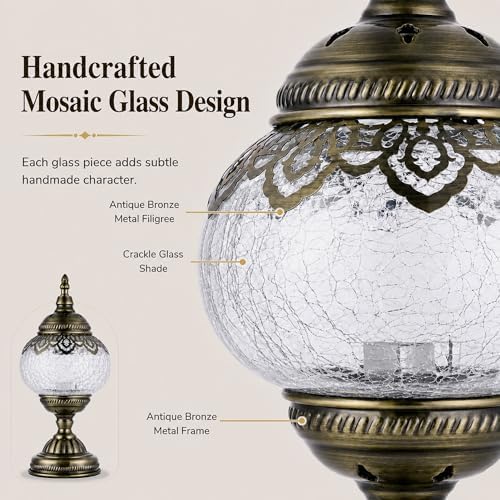 GOGERS Turkish Moroccan Table Lamp Lantern with Handmade Mosaic Glass Lampshade Tiffany Style Bohemian Stained Glass Decorative Desk Lamps Bedside Night Lights for Bedroom (White 1)