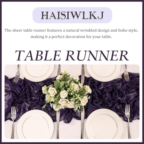 4 Pack 120 Inch Dark Purple Cheesecloth Table Runner Boho Rustic Gauze Sheer Romantic 10 FT Long Cheese Cloth Table Runner for Bridal Baby Shower Wedding Party Birthday Holiday Home Easter Decor