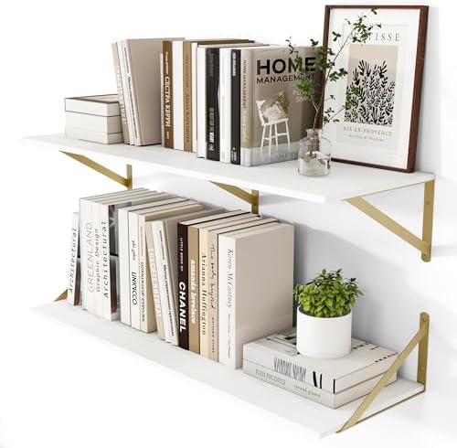 Heimlove 36W x 12D Deep Floating Shelves Set of 2 White & Gold