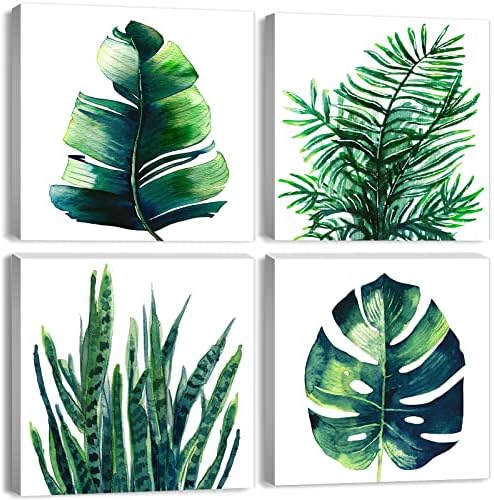 Tropical Plant Wall Art Boho Bathroom Decor Green Monstera Canvas Prints Bedroom Painting Botanical Posters for Kitchen Living Room Home Decorations Leaf Pictures Minimalist Artwork 16×16" 4Pcs/Set