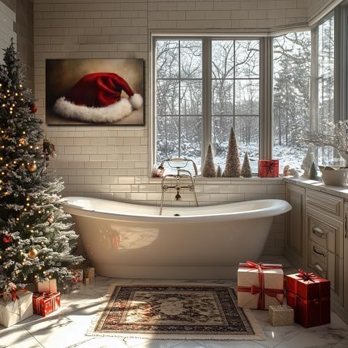 Red Christmas Wall Art - Santa hat Christmas Pictures Wall Decor For Bedroom 24x36inch, Vintage Winter Prints Holiday Poster, Framed Artwork Merry And Bright Home Decorations Indoor