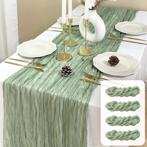 FEXIA 4Pcs Sage Green Cheesecloth Table Runner for Baby Shower Decoration