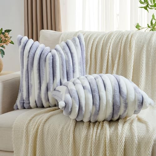 FUTEI Pack of 2 Faux Fur Throw Pillow Covers 16x16 Inch, Light Purple White