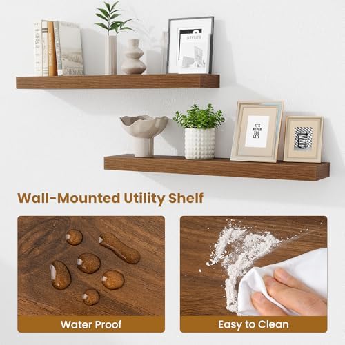 Fun Memories Bathroom Shelves 32 Inch Long Set of 2, Floating Shelves for Wall with Invisible Brackets, for Bedroom, Living Room, Kitchen, Walnut